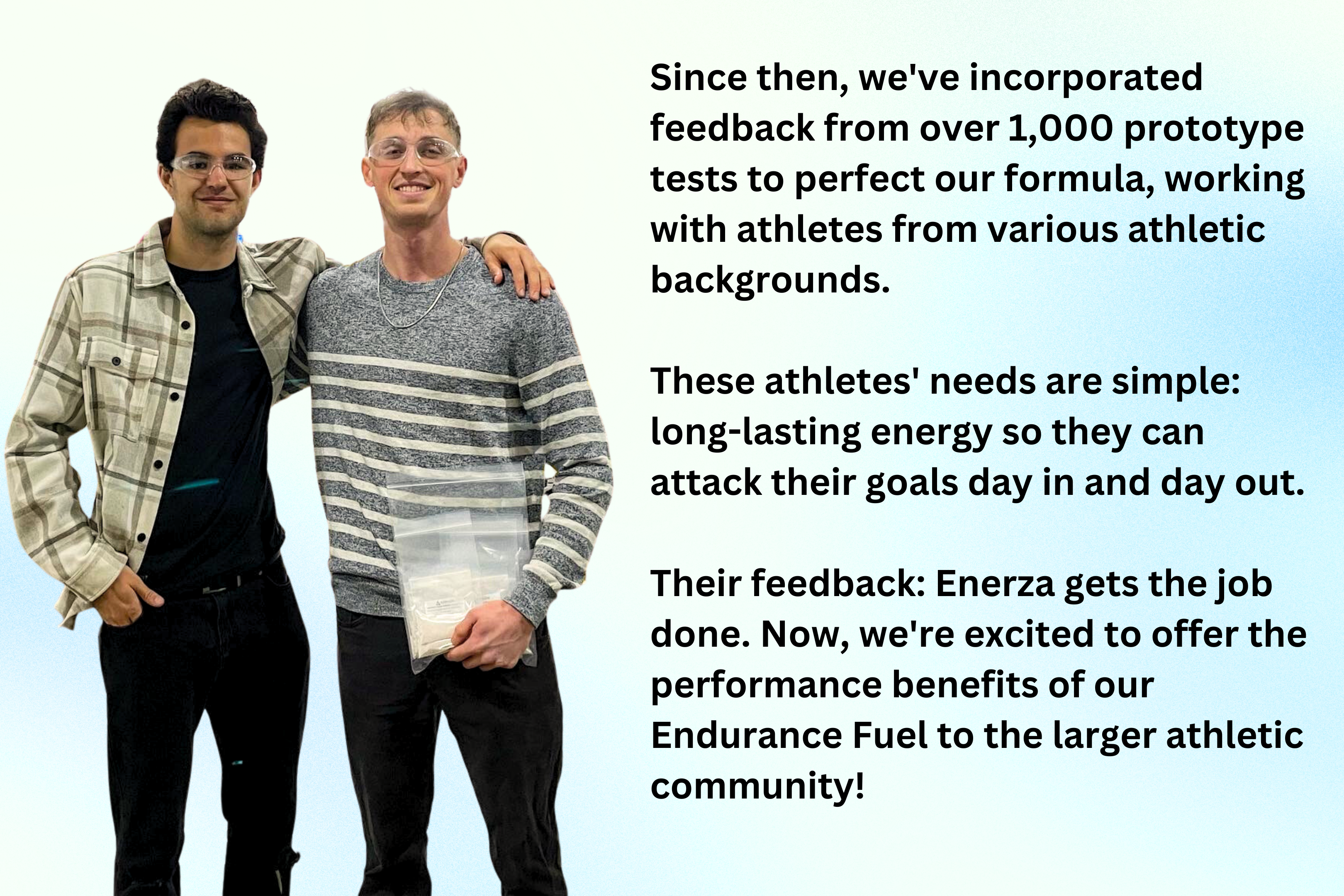 Enerza founders Nick and Grant standing next to each other wearing safety goggles. Text on image explaining they had positive feedback from over 1,000 prototype tests on endurance athletes.