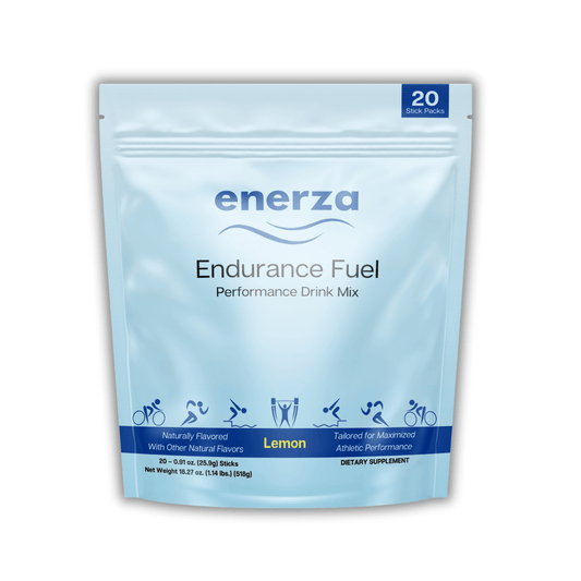 Enerza Endurance Fuel package with sleek black and blue packaging. Designed for endurance athletes, promoting clean, sustained energy.