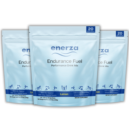 Enerza Endurance Fuel package with sleek black and blue packaging. Preworkout designed for endurance athletes, promoting clean, sustained energy. Team pack, 3 pack.