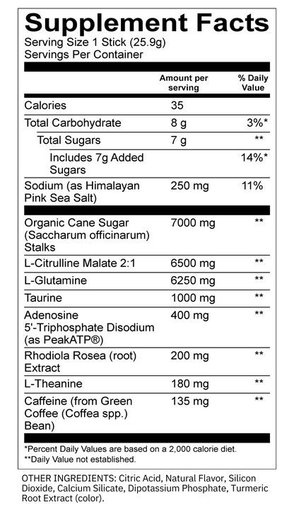 Supplement Facts Label shown. 35 Calories, 8g carbohydrate, 7g added sugars, 250mg sodium, 50mg potassium, 7g organic cane sugar, 6.5g L-Citrulline Malate, 6.25g L-Glutamine, 400mg Adenosine Triphosphate, 200mg Rhodiola Rosea Extract, 135mg Caffeine. Other ingredients include Citric Acid, Natural Flavor, Silicon Dioxide, Calcium Silicate, Tumeric Root Extract.